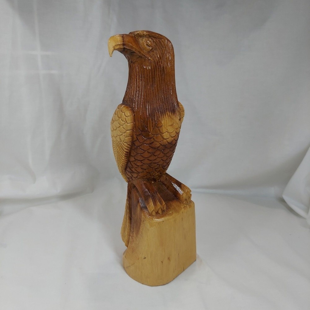 Eagle Statue Folk Art Rustic VTG Signed Hand Carved Wood Sculpture Cottage Cabin